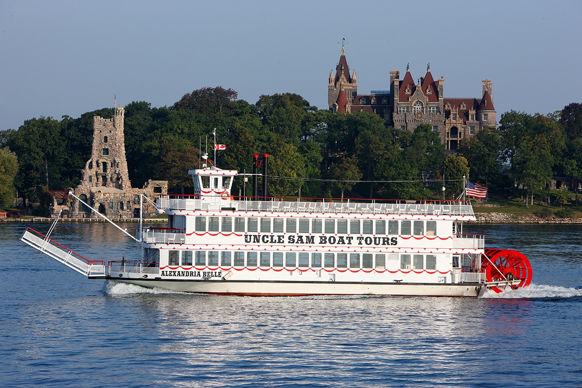 An Uncle Sam Boat Tour cruising by Boldt Castle on the St. Lawrence River.